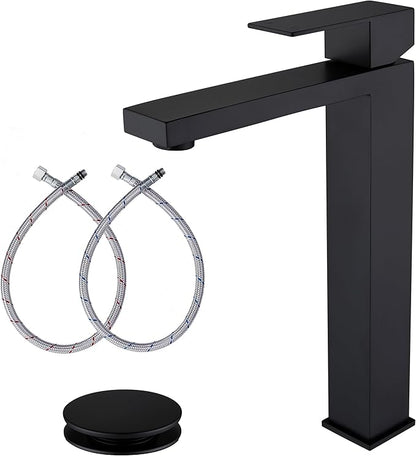 Matte Black Vessel Sink Faucet, Single Hole Tall Bathroom Faucet | Stainless Steel 1 Hole Black Matte Faucet for Bathroom Sink, Tall Vanity Faucet with Pop Up Drain