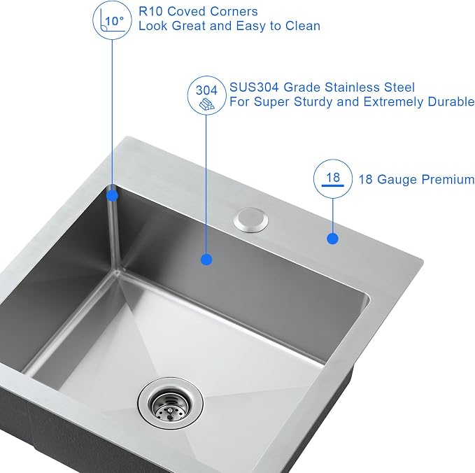 15"x15" Drop-In Single Bowl Bar Sink T-304 Stainless Steel 1-Hole | 15 inch Drop-in Sink | T-304 SS Square Sink| 1 Faucet Hole | 2" Drain Hole | Handmade | Camper/Boat/Small Kitchen