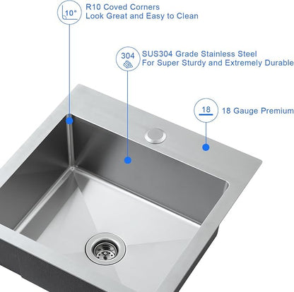 15"x15" Drop-In Single Bowl Bar Sink T-304 Stainless Steel 1-Hole | 15 inch Drop-in Sink | T-304 SS Square Sink| 1 Faucet Hole | 2" Drain Hole | Handmade | Camper/Boat/Small Kitchen