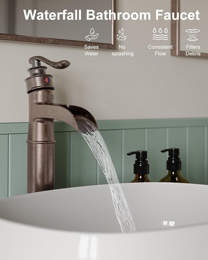 BWE Vessel Sink Faucet Waterfall Antique Copper Single Hole with Pop Up Drain Stopper Without Overflow and Supply Lines One Handle Vanity Basin Bath Sink Mixer Tap