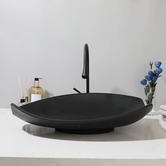Bathroom Vessel Sink with High Arc Faucet and Pop-Up Drain Combo,21 Inch Stone Resin Sink Basin Above Counter Modern Irregular Rectangular Bathroom Sink Bowl (Black)