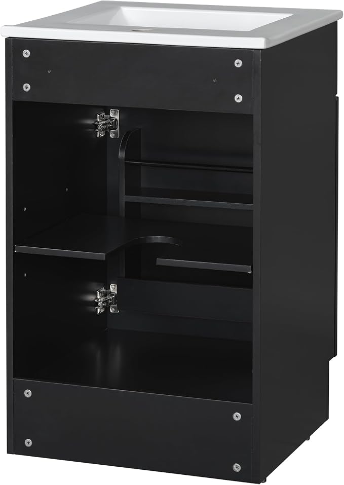 Christopher Knight Home Vanes Wood Frame 20" Bathroom Vanity with Ceramic Sink, Cabinet with Soft-Closing Door Shelf and Adjustable Shelf, Open Back, Metal Hardware, Storage/Organizer, Black