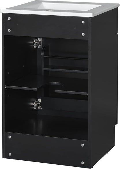 Christopher Knight Home Vanes Wood Frame 20" Bathroom Vanity with Ceramic Sink, Cabinet with Soft-Closing Door Shelf and Adjustable Shelf, Open Back, Metal Hardware, Storage/Organizer, Black