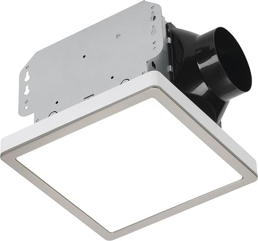 Homewerks 7105-12-BN Bathroom Fan with Light 100-CFM 2 Sones Square Ventilation Fan Dimmable LED Light and Magnetic Trim Ring Brushed Nickel