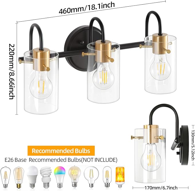 3 Light Bathroom Vanity Light, Black and Gold Bathroom Wall Light Fixtures with Clear Glass Shade, Modern Wall Sconces Wall Lamp Over Mirror Kitchen Living Room Bedroom Hallway Cabinet
