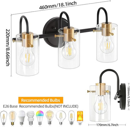 3 Light Bathroom Vanity Light, Black and Gold Bathroom Wall Light Fixtures with Clear Glass Shade, Modern Wall Sconces Wall Lamp Over Mirror Kitchen Living Room Bedroom Hallway Cabinet
