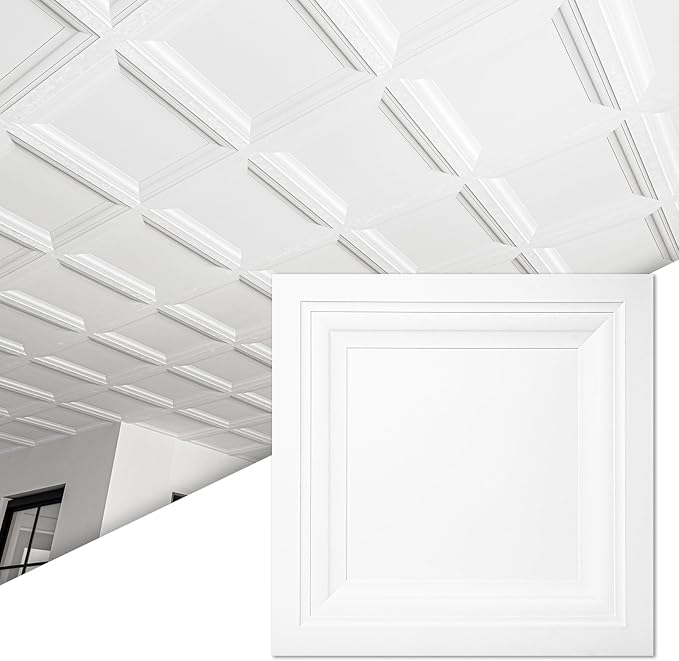Art3d 24-Pack Square Drop Ceiling Tile 2ft x 2ft in White, PVC Ceiling Panel 24 x 24in. - Compatible with 15/16" Drop Ceil Grid System