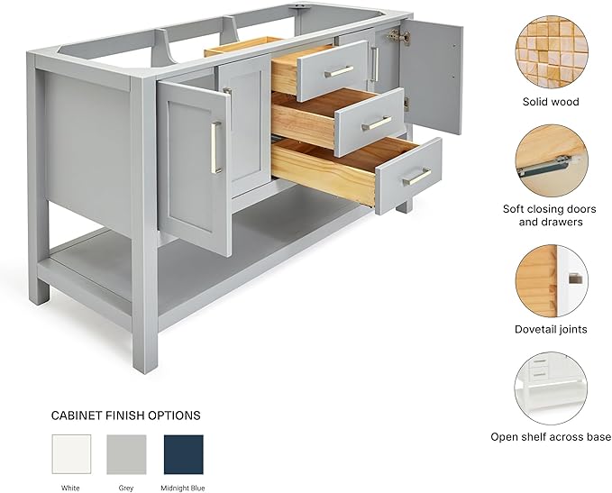 ARIEL Magnolia 60-inch Bathroom Vanity Base Cabinet,Solid Wood, 4 Soft Closing Doors, 3 Dovetail Drawers, Brushed Nickel, Grey