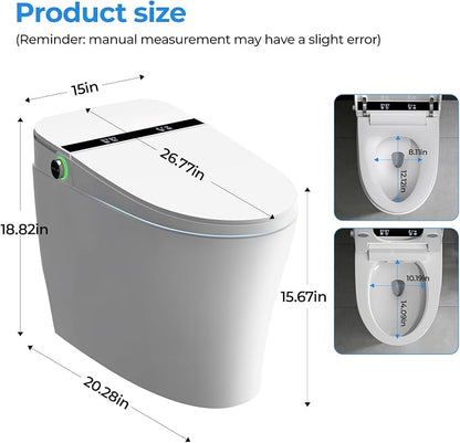 Smart Toilet With Built-in Tank Bidet, Heated Seat & Foot Sensor, Tankless Modern Elongated Electric Toilet with Warm Water Wash, Air Dryer, LED Display & 1.28 GPF