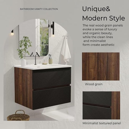30'' Floating Bathroom Vanity with Sink Combo, Modern Bathroom Cabinet with 2-Soft Close & Large Storage Drawers, for Small Space, Apartment, Hotel, Black and Walnut