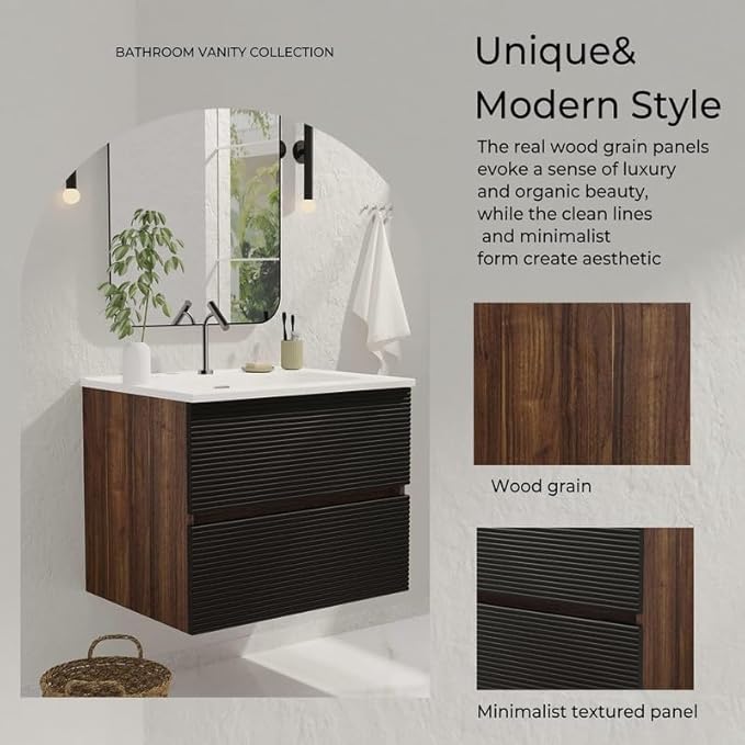 36'' Floating Bathroom Vanity with Sink Combo, Modern Bathroom Cabinet with 2-Soft Close & Large Storage Drawers, for Bath, Apartment, Hotel, Black and Walnut