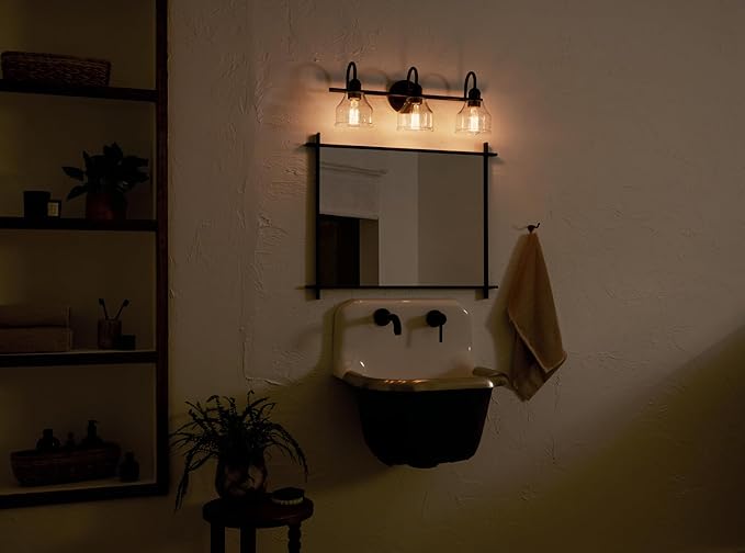 Kichler Avery 24" 3-Light Bathroom Vanity Light in Black with Clear Seeded Glass for Bathroom and Powder Room Vanity, Industrial Styling, (24" W x 9.5" H x 8.25" Ext.), 45973BK