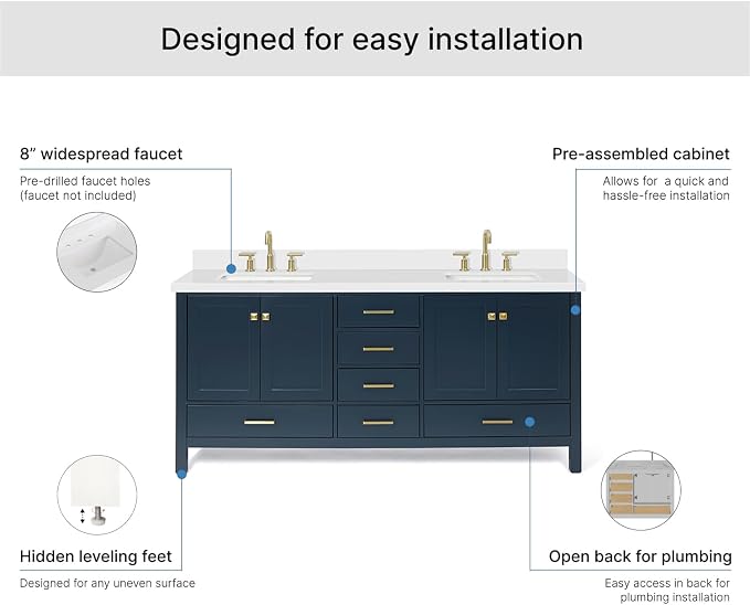 ARIEL Cambridge 72-inch Bathroom Vanity with Sink,Solid Wood, 1.5-inch Pure White Quartz Countertop, Double Rectangular Porcelain Sink, 4 Soft Closing Doors, 6 Dovetail Drawers, Midnight Blue