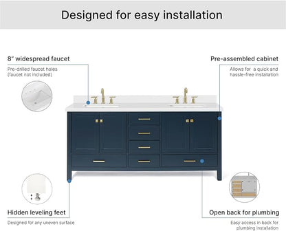 ARIEL Cambridge 72-inch Bathroom Vanity with Sink,Solid Wood, 1.5-inch Pure White Quartz Countertop, Double Rectangular Porcelain Sink, 4 Soft Closing Doors, 6 Dovetail Drawers, Midnight Blue