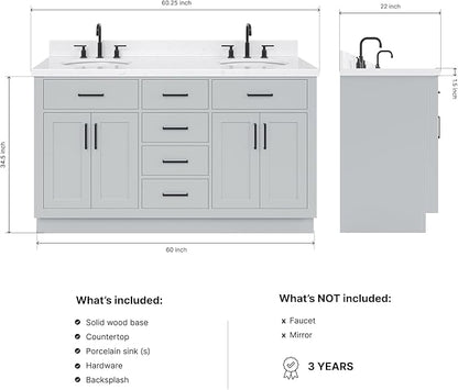ARIEL Hepburn 60-inch Bathroom Vanity with Sink,Solid Wood, 1.5-inch Carrara White Quartz Countertop & Backsplash, Double Oval Porcelain Sink, 4 Soft Closing Doors, 6 Dovetail Drawers, Grey