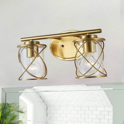 2-Lights Bathroom Vanity Lights, Bathroom Light Fixtures Over Mirror, Brushed Gold Vanity Light, Farmhouse Wall Lights with Clear Glass Shade, Bathroom Wall Lamp for Mirror Kitchen Bedroom