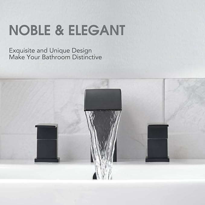 RUMOSE 8 inch Bathroom Faucets Set Matte Black Bathroom Sink Faucet 3 Hole with Pop Up Drain Widespread 2 Handles Stainless Steel Lavatory Vanity Faucet Waterfall Spout Deck Mounted