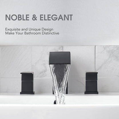 RUMOSE 8 inch Bathroom Faucets Set Matte Black Bathroom Sink Faucet 3 Hole with Pop Up Drain Widespread 2 Handles Stainless Steel Lavatory Vanity Faucet Waterfall Spout Deck Mounted