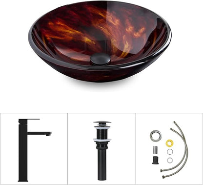 Bathroom Artistic Vessel Sink, Tempered Glass Vanity Round Bowl, Flame Red | Black Faucet, Pop Up Drain, Above Counter, Easy Clean