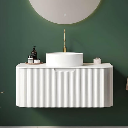 Yayzy 36" Floating Bathroom Vanity with Sink, Solid Wood Fluted Cabinet, White Round Ceramic Basin & Faux Marble Top, Soft-Close Drawer, Pre-Assembled, White