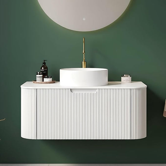Yayzy 36" Floating Bathroom Vanity with Sink, Solid Wood Fluted Cabinet, White Round Ceramic Basin & Faux Marble Top, Soft-Close Drawer, Pre-Assembled, White