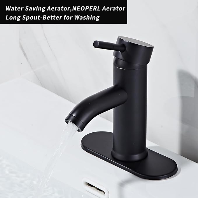 Black Bathroom Sink Faucet Single Hole Single Handle Bathroom Faucet Modern RV Faucet Commercial Washbasin Faucet Countertop Installation with Deck, Pop-up Drain and Supply Hoses