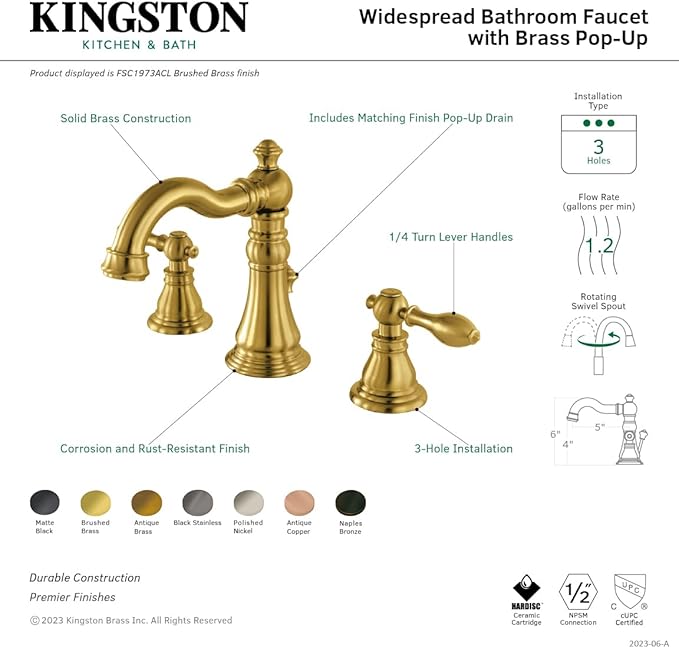 Fauceture FSC1974ACL American Classic Widespread Bathroom Faucet with Brass Pop-Up, Black Stainless