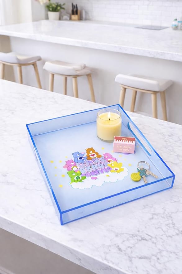 Care Bears Acrylic Square Table Top Decorative Serving Tray with Carry Handles for Bathroom, Desktop, Vanity, Kitchen, Table, 8"x7.85"