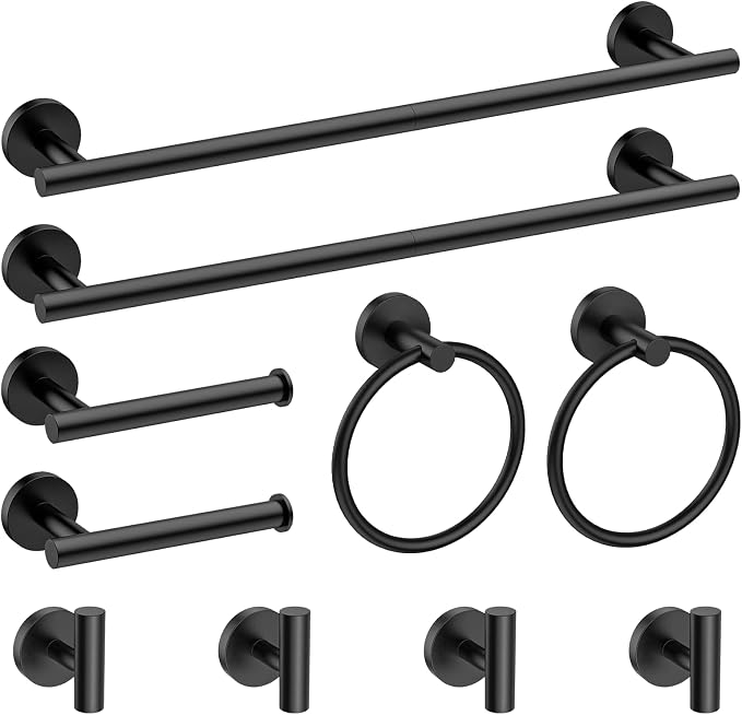 Newfun 10-Pieces Matte Black Bathroom Hardware Set 24 Inch | Includes 24 Inch Towel Racks for Bathroom Wall Mounted, Toilet Paper Holder, Towel Hooks, Towel Rings for Bathroom Wall