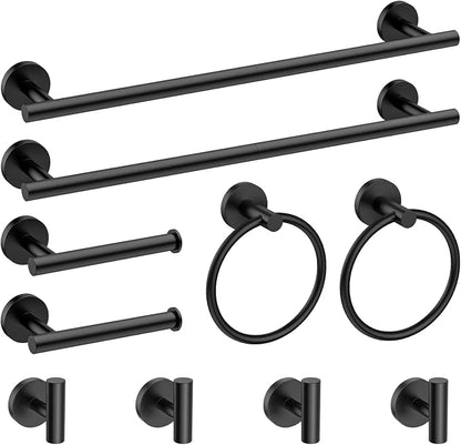 Newfun 10-Pieces Matte Black Bathroom Hardware Set 24 Inch | Includes 24 Inch Towel Racks for Bathroom Wall Mounted, Toilet Paper Holder, Towel Hooks, Towel Rings for Bathroom Wall