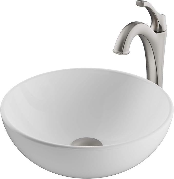 KRAUS Elavo 14-inch Round White Porcelain Ceramic Bathroom Vessel Sink and Spot Free Arlo Faucet Combo Set with Pop-Up Drain, Stainless Brushed Nickel C-KCV-341-1200SFS