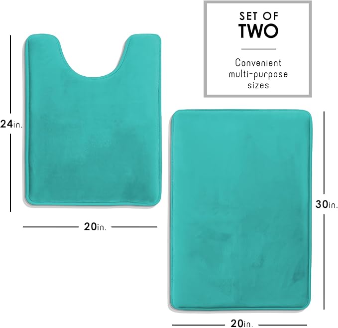 Clara Clark 2 Piece Bathroom Rugs, Velvet Memory Foam Bath Mat Set, Non-Slip Bath Rugs, Machine Wash, Dries Quickly, Ultra Soft Plush Bath Mats for Bathroom, 20 x 32 + Contour, Teal Blue