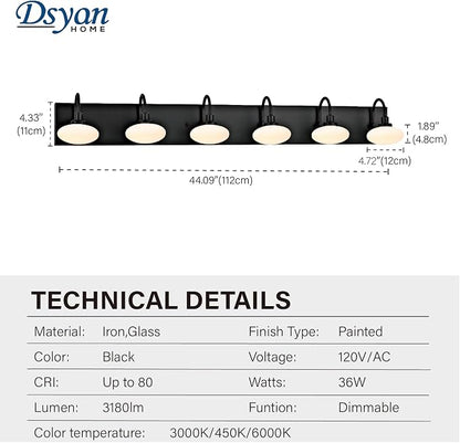 Matt Black LED Vanity Lighting Fixtures,6 Lights Vanity Light Black,Vanity Lighting Fixtures Over Mirror,Bathroom Vanity Light black 6 Lights,Modern Bathroom Vanity Light,3000K-6000K,Dimmable