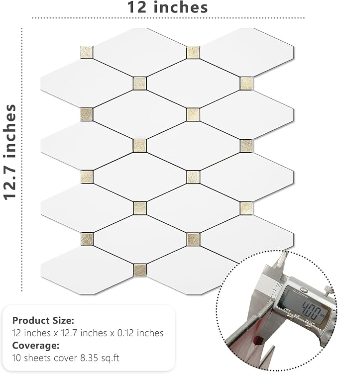 STICKGOO 10 Sheets Peel and Stick Backsplash, Pure White | PVC Mixed Metal Gold Kitchen Backsplash, Waterproof, Self Adhesive Wall Tiles for Kitchen, Bathroom, Vanities