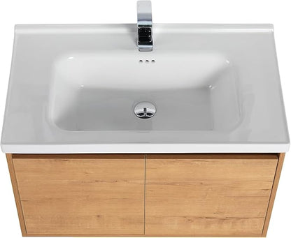 Blossom 32 Inch Bathroom Vanity with Sink, All Wood Wall Mounted Floating Bathroom Vanity with Ceramic Sink, Modern Soft-Close Doors & Storage, Bathroom Sink Cabinet, Classic Oak, 32'' Ceramic Sink