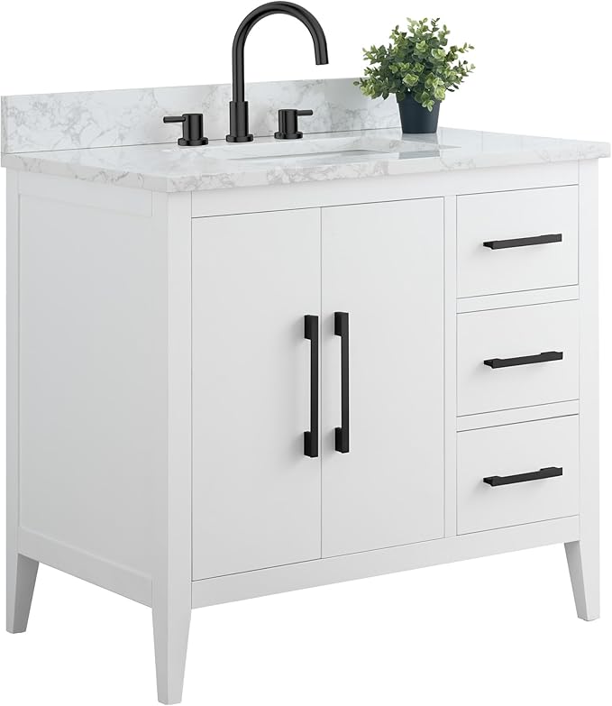 HomeBeyond 36 Inch Bathroom Vanity with Sink & Ceramic Top, Single Vanity Cabinet with Basin, Soft-Closing Doors & Matte Black Hardware, White