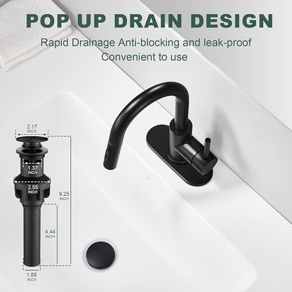 Black Bathroom Sink Faucet with Pull Down Sprayer | 2 Mode Sprayer, with Deck Plate for 1 or 3 Hole, 360° Swivel, with Pop Up Drain for Vanity Bar RV Basin Laundry Kitchen