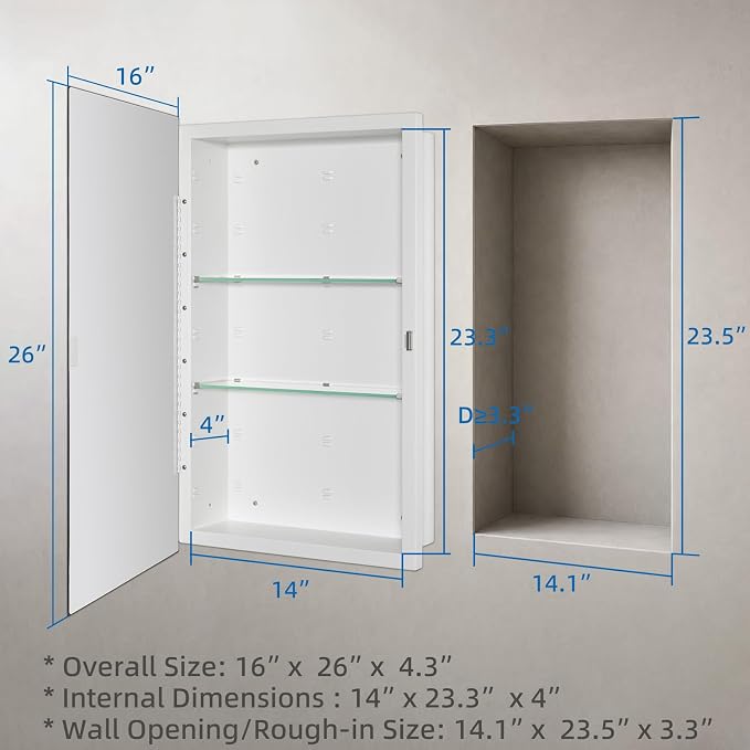IDYLLOR Bathroom Medicine Cabinet with Beveled Edge Mirrored Door 16 x 26 inch, Recessed or Surface Mount, with Adjustable Glass Shelves