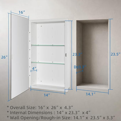 IDYLLOR Bathroom Medicine Cabinet with Beveled Edge Mirrored Door 16 x 26 inch, Recessed or Surface Mount, with Adjustable Glass Shelves