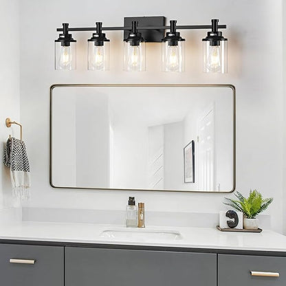 5-Light Black Bathroom Vanity Light, Modern Lighting Fixture With Clear Glass Shade, Wall Sconces Over Mirror