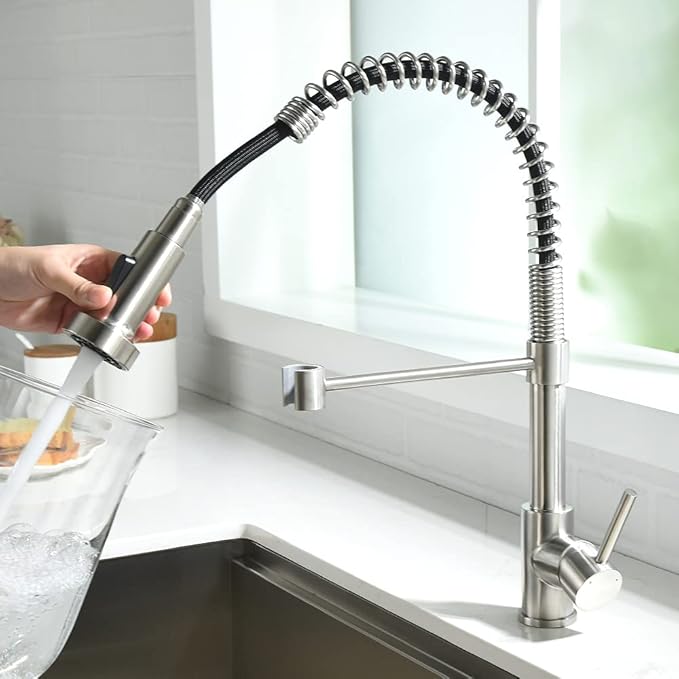 OWOFAN Kitchen Faucet with Pull Down Sprayer Industrial 1 Handle 1 Hole Or 3 Hole Faucet for Farmhouse Camper Laundry Utility Rv Wet Bar Sinks, Stainless Steel Brushed Nickel 866082SN