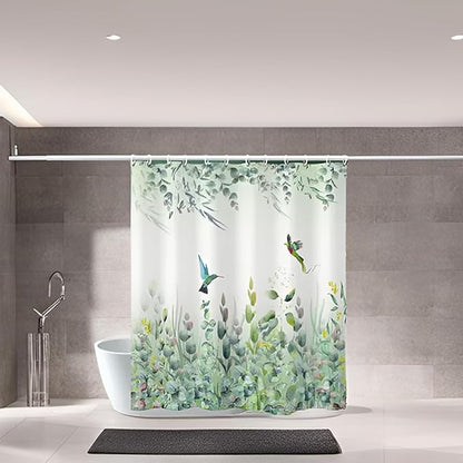 Green Leaf Shower Curtain - Emerald Bird Mint Hummingbird Design, 72"W x 84"L, 12 Hooks, Weighted Hem, Waterproof for Bathroom