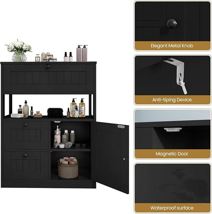 Storage Cabinet, Modern Bathroom Floor Storage Cabinet Organizer with 1 Door and 3 Drawers, Freestanding Cupboard for Kitchen/Living Room Use
