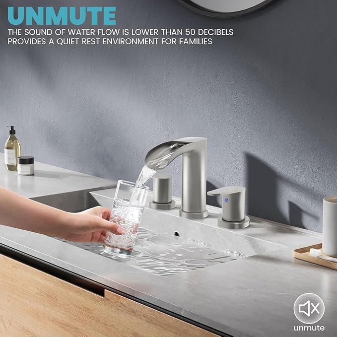 Brushed Nickel Bathroom Faucets - Waterfall 8 Inch Widespread Bathroom Sink Faucet, 2 Handles Vanity Faucets 3 Holes for Lavatory Restroom RV Bathtub with Pop Up Drain & Supply Lines
