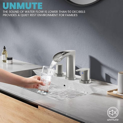 Brushed Nickel Bathroom Faucets - Waterfall 8 Inch Widespread Bathroom Sink Faucet, 2 Handles Vanity Faucets 3 Holes for Lavatory Restroom RV Bathtub with Pop Up Drain & Supply Lines