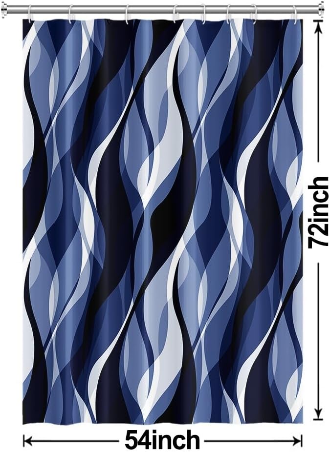 Navy Blue Shower Curtain, Modern Abstract Black and Blue Striped Shower Curtain Set for Bathroom Waterproof Shower Curtain with Hooks, 54x72 Inch