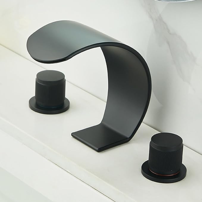 Bathroom Basin Mixer Faucet 3 Hole Waterfall 3 Hole Basin Faucets Brass-Black