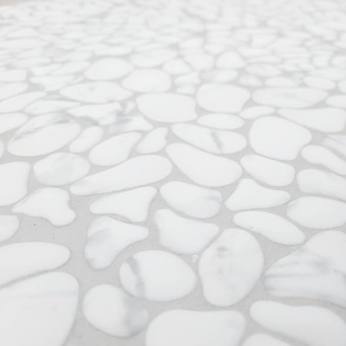SUNWINGS 10-Sheet Pebble Tile for Shower Floor Border Kitchen Bathroom Backsplash, Carrara White Recycled Glass Marble Stone Looks Wall and Floor Tile, Covers 7.9 Sq. Ft