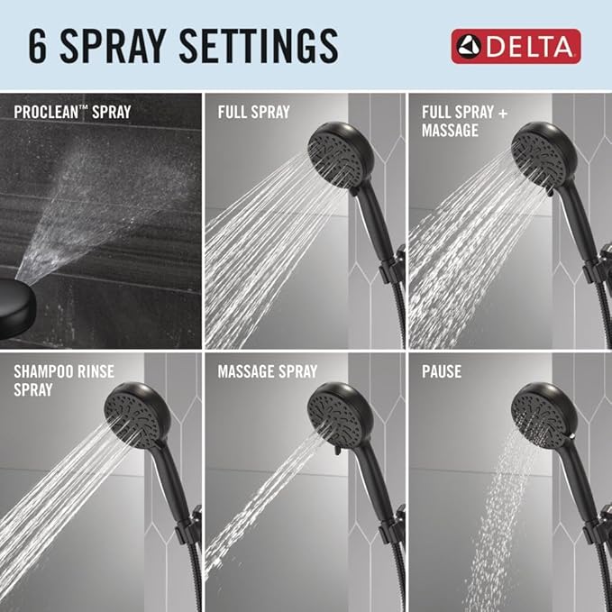 Delta Faucet ProClean Matte Black Shower Head with Handheld, Showerhead with High Pressure Spray, Handheld Shower Head, 6 Spray Settings, Matte Black 75740BL
