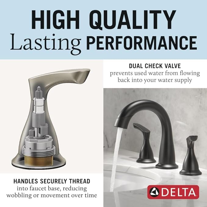 Delta Broadmoor Matte Black Bathroom Faucet with Sprayer, 8 Inch 3 Hole Widespread Bathroom Sink Faucet with Pull Out Sprayer, Push-Pop Drain, Matte Black 35765LF-BLPD